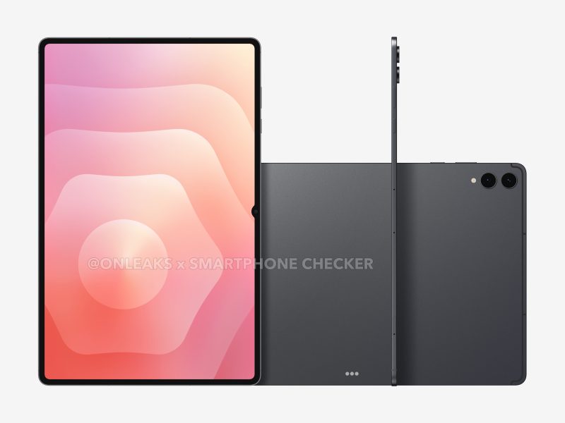 Kiszivárgott CAD-alapú render a Samsung Galaxy Tab S12 Ultráról, elöl-, hátul- és oldalnézetben.