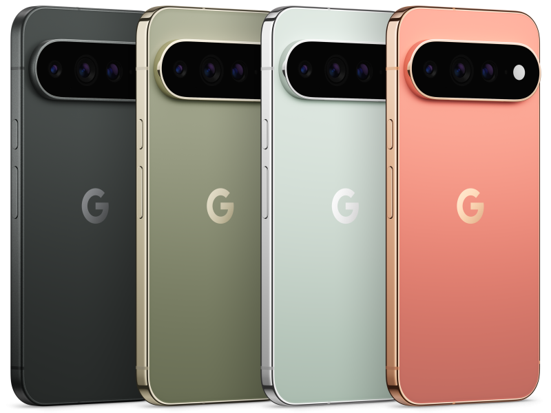 A Pixel 11 Pro és Pixel 11 Pro XL hátlapja négy színben, jól látható kamerasávval.