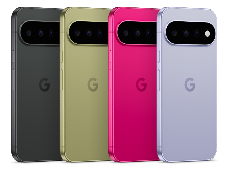Négy Google Pixel 11 telefon hátulnézetből, obszidián, pisztácia, hibiszkusz és fagyos lila színben.