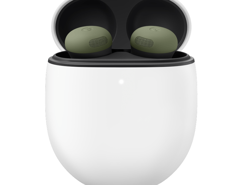Pixel Buds Pro 2 zöldes fülhallgatók fehér töltőtokban.