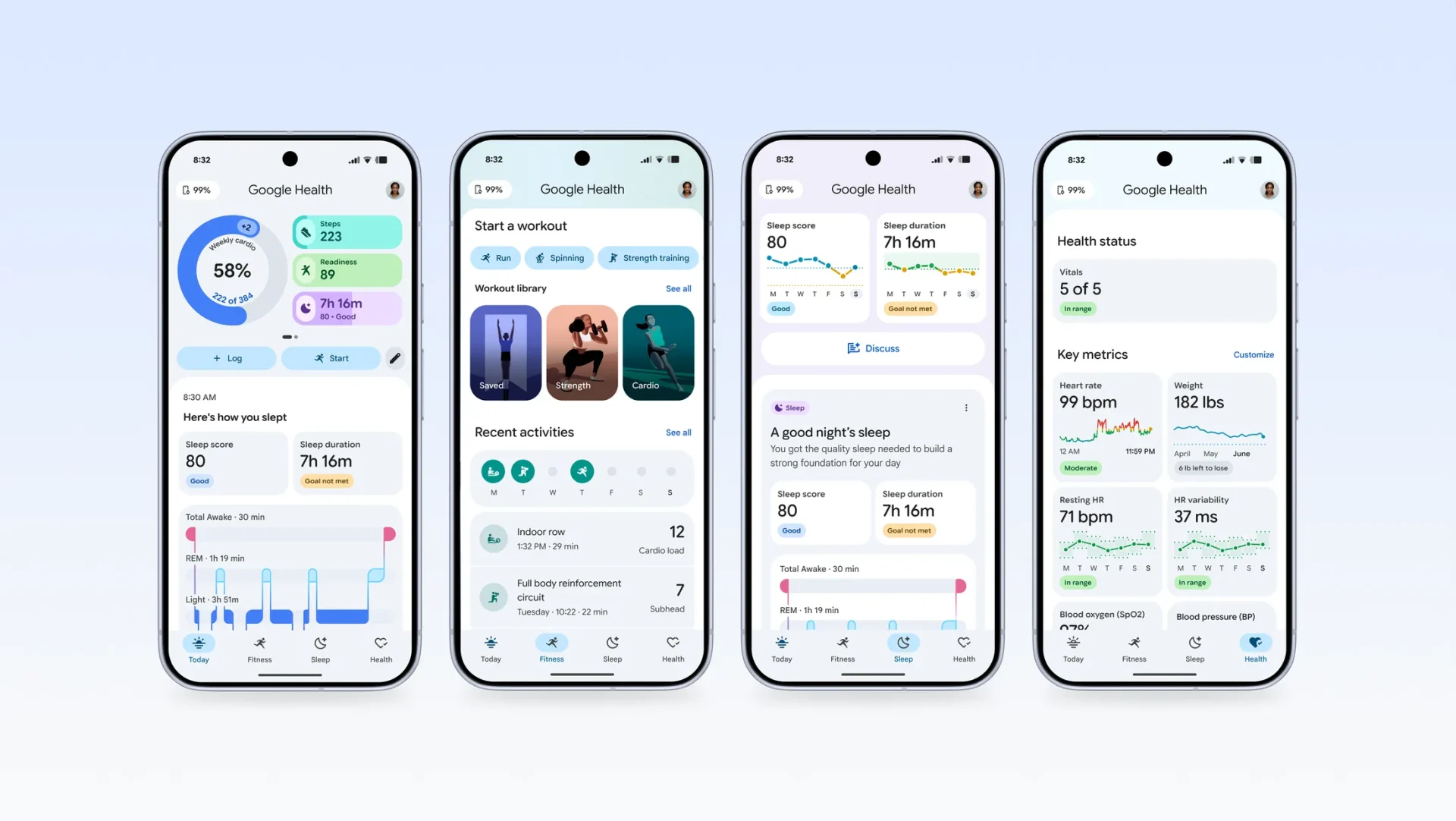 Négy telefonkijelzőn a Google Health alkalmazás Today, Fitness, Sleep és Health nézetei láthatók.