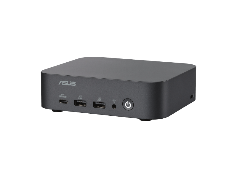 Asus VM31 mini-PC sötétszürke házban, elöl USB-portokkal, audioaljzattal és bekapcsológombbal.