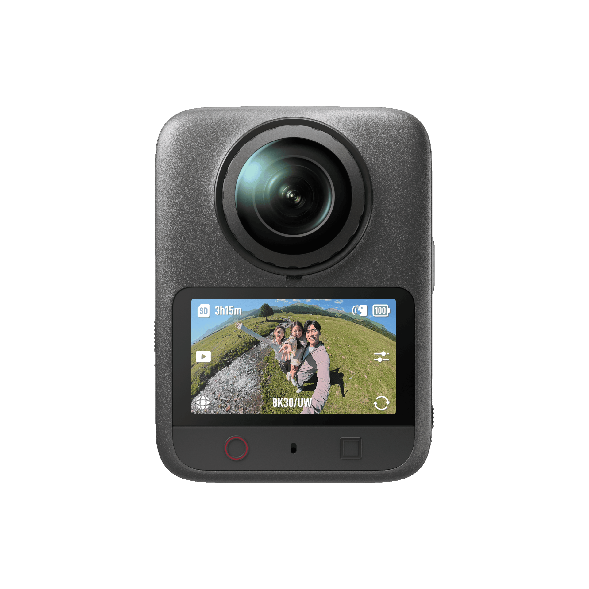 DJI Osmo 360 II 360 fokos kamera hivatalos termékrenderen, előlapi kijelzővel.