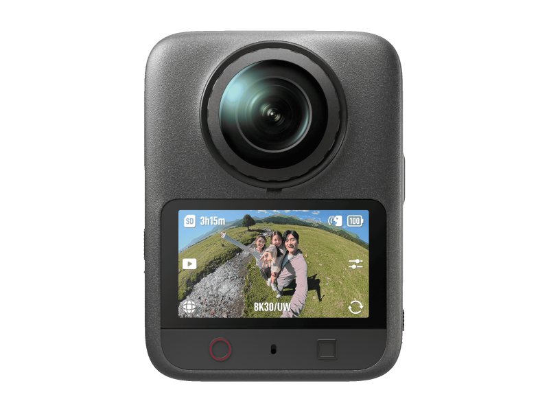 DJI Osmo 360 II 360 fokos kamera hivatalos termékrenderen, előlapi kijelzővel.