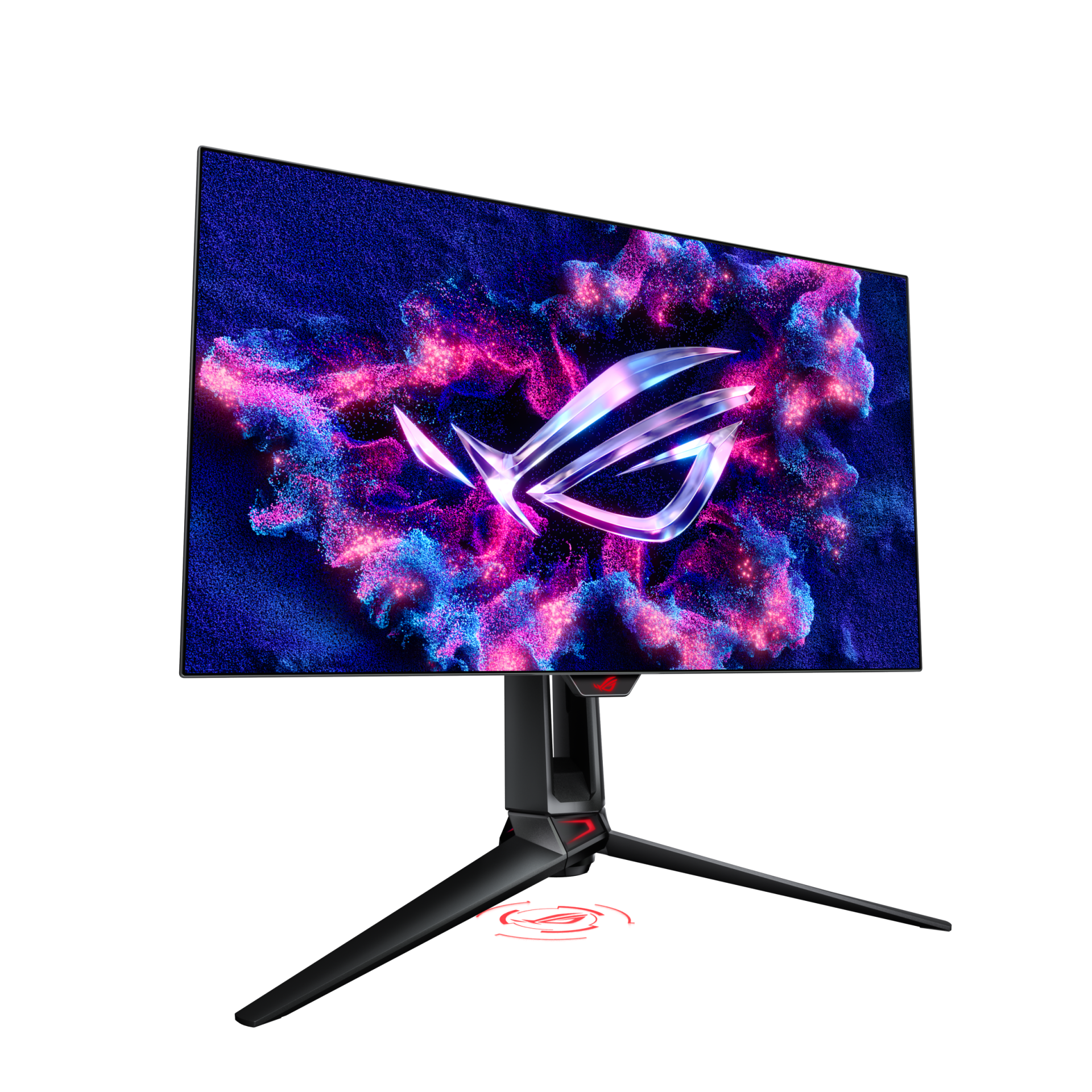 ASUS ROG 27 hüvelykes QHD OLED gaming monitor szögből, színes képernyőképpel.