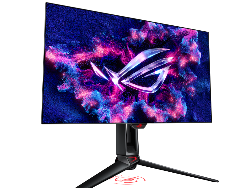 ASUS ROG 27 hüvelykes QHD OLED gaming monitor szögből, színes képernyőképpel.