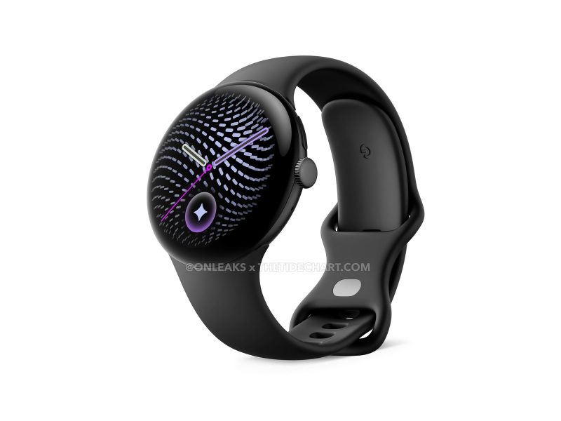 Kiszivárgott fekete Pixel Watch 5 render kerek kijelzővel és szilikon szíjjal.