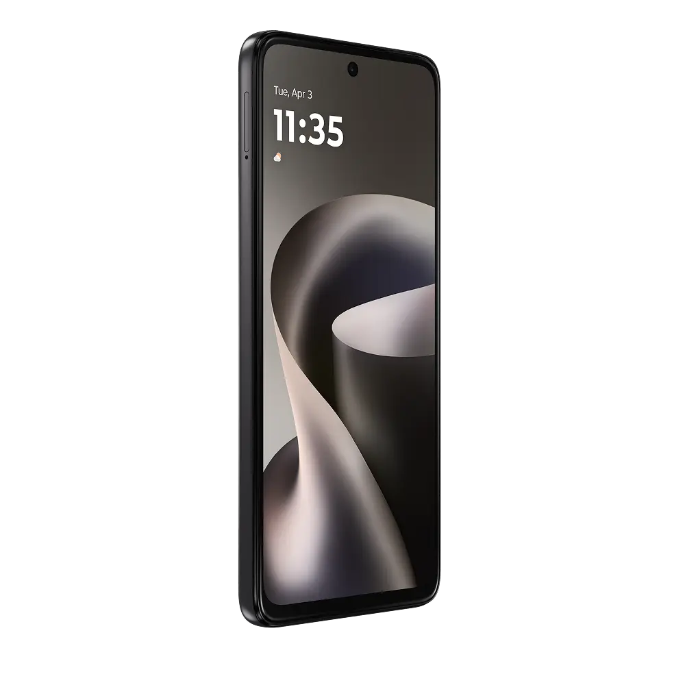 Moto G37 hivatalos termékrender elölről, bekapcsolt kijelzővel.