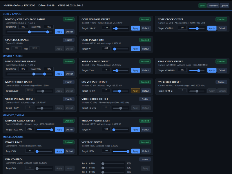mVolt+ v0.36 dashboard RTX 5090 kártyával és több fogyasztási, feszültség- és órajelbeállítással.