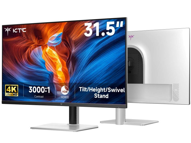 KTC H32U6 31,5 hüvelykes 4K monitor elölről és hátulról, fehér házzal és állvánnyal.
