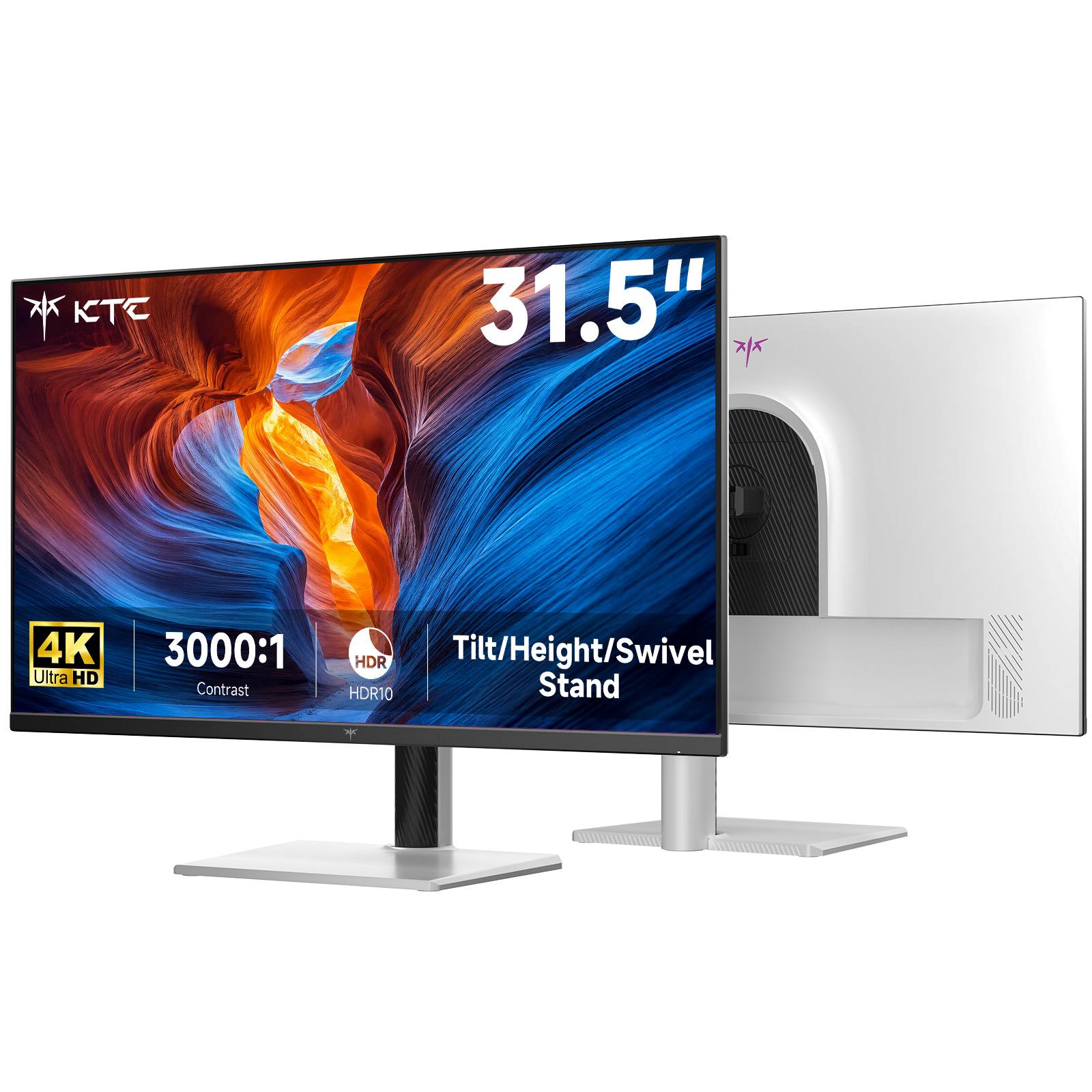 KTC H32U6 31,5 hüvelykes 4K monitor elölről és hátulról, fehér házzal és állvánnyal.