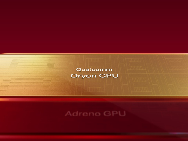 Qualcomm Oryon CPU feliratú chipillusztráció piros-arany háttéren.