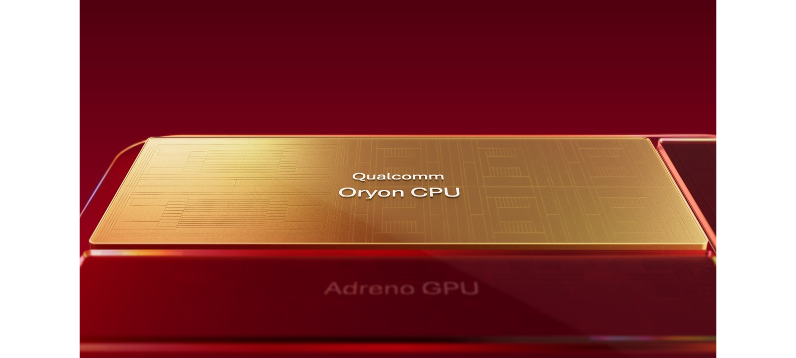 Qualcomm Oryon CPU feliratú chipillusztráció piros-arany háttéren.