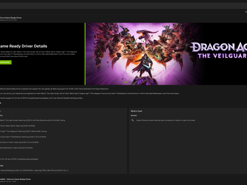 NVIDIA App Drivers fül GeForce Game Ready Driver részletekkel.
