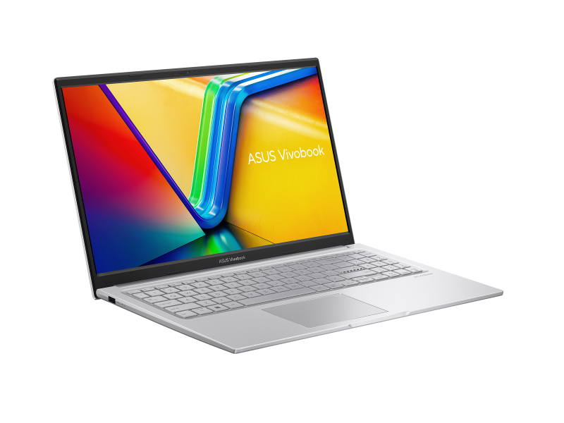 Ezüst ASUS Vivobook 15 X1504 nyitott állapotban, a kijelzőn ASUS Vivobook háttérrel.