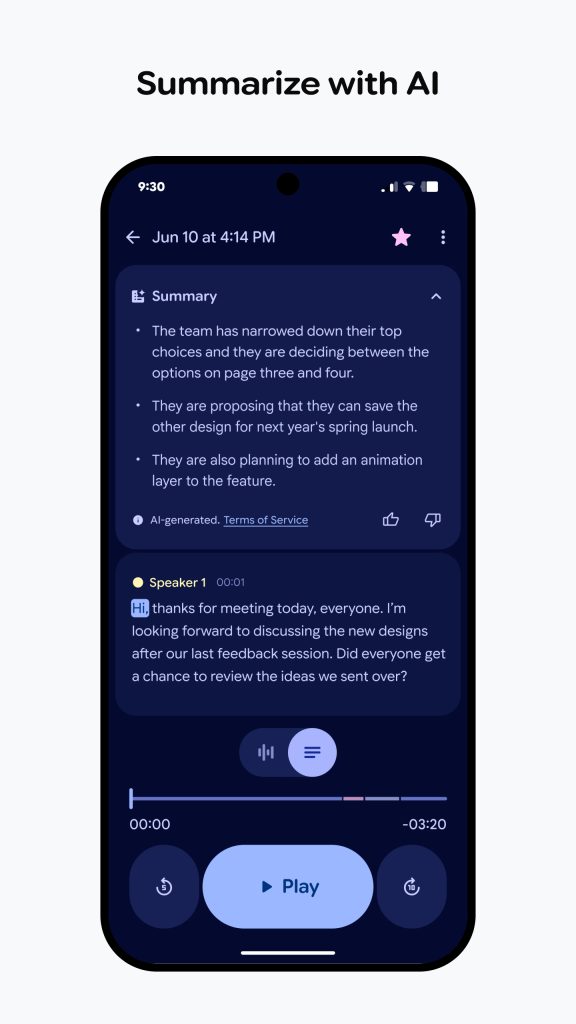 Pixel telefonon látható Google Recorder-képernyő AI-összefoglalóval és átiratrészlettel.