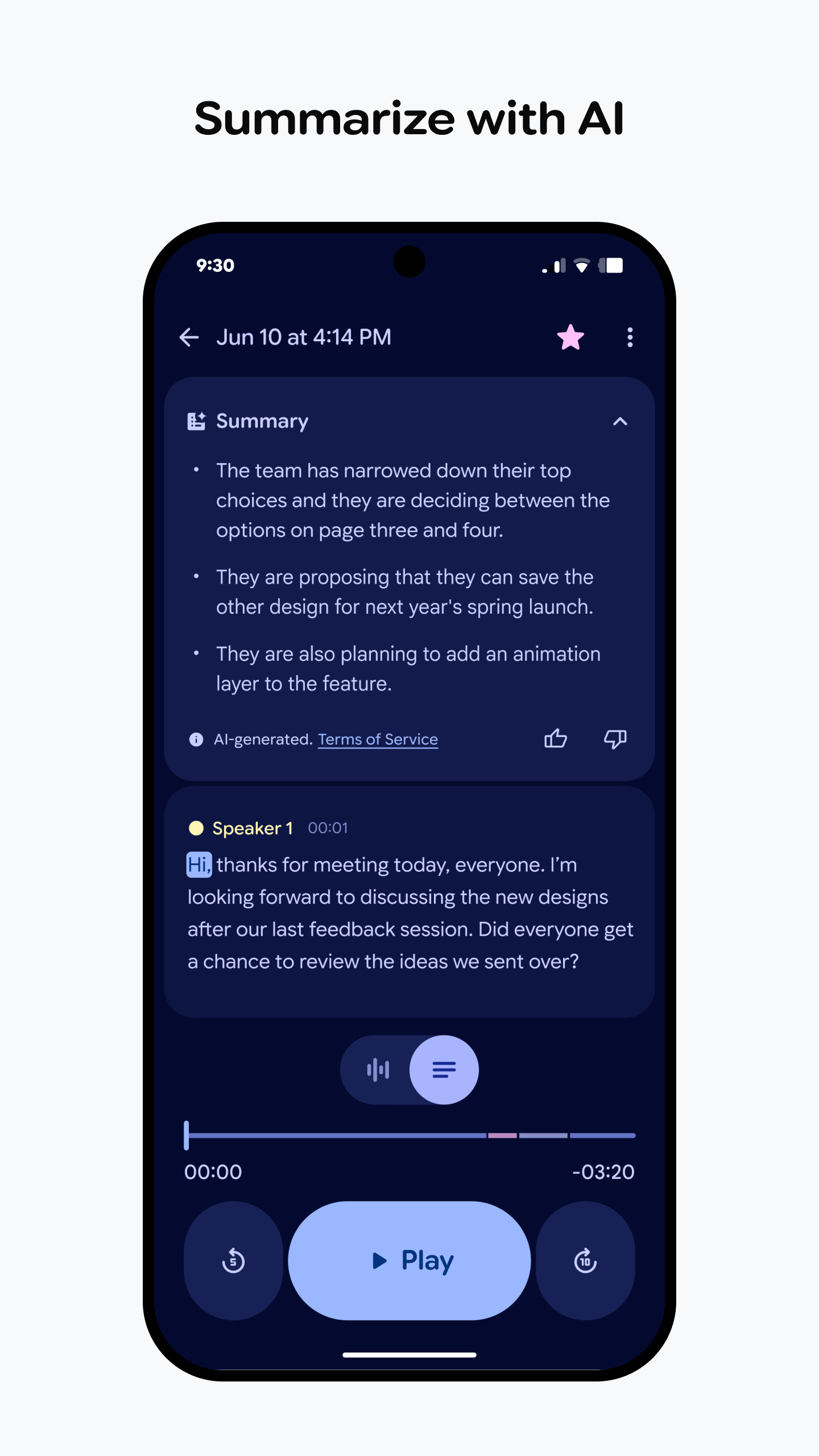 Pixel telefonon látható Google Recorder-képernyő AI-összefoglalóval és átiratrészlettel.