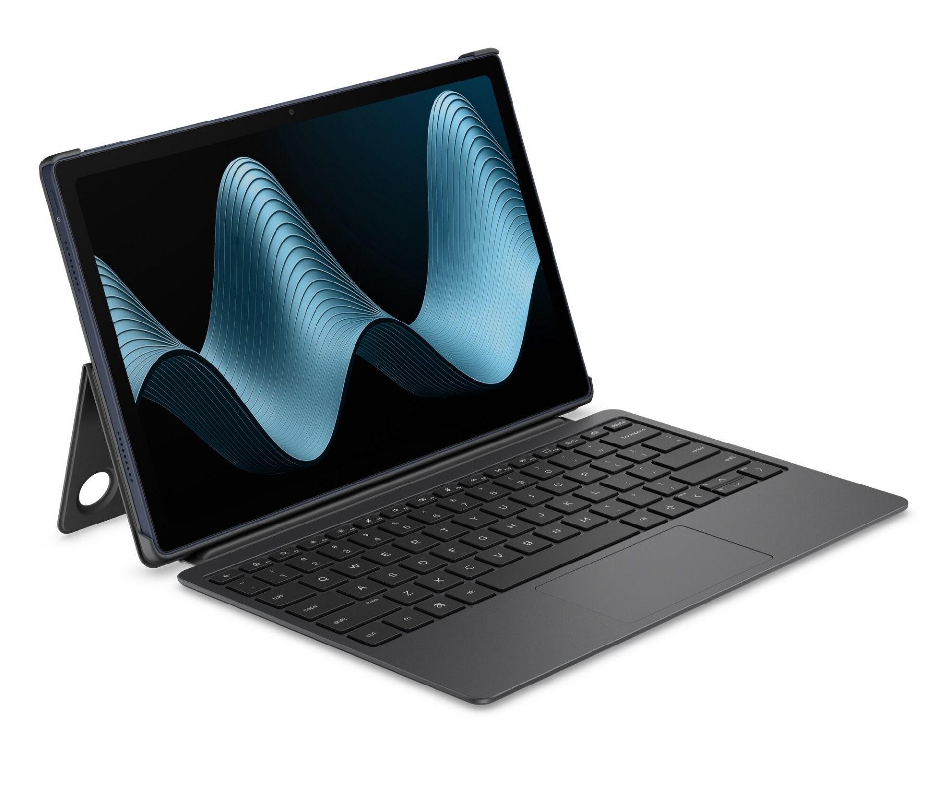 HP OmniPad 12 tablet billentyűzettel és trackpaddel, laptopként kitámasztva.