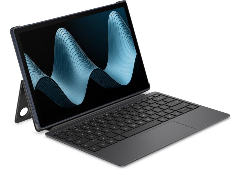 HP OmniPad 12 tablet billentyűzettel és trackpaddel, laptopként kitámasztva.