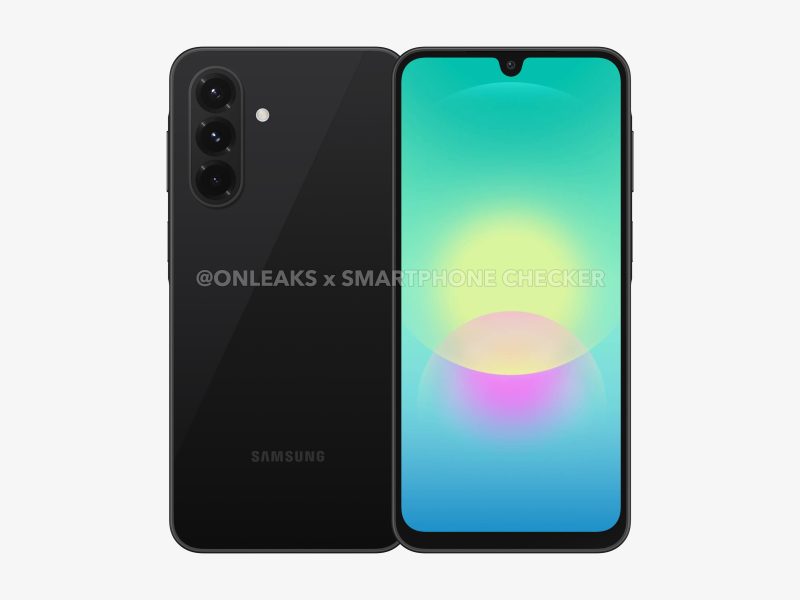 Kiszivárgott Galaxy A18 render fekete hátlappal, csepp alakú notchos kijelzővel és három hátlapi kamerával.