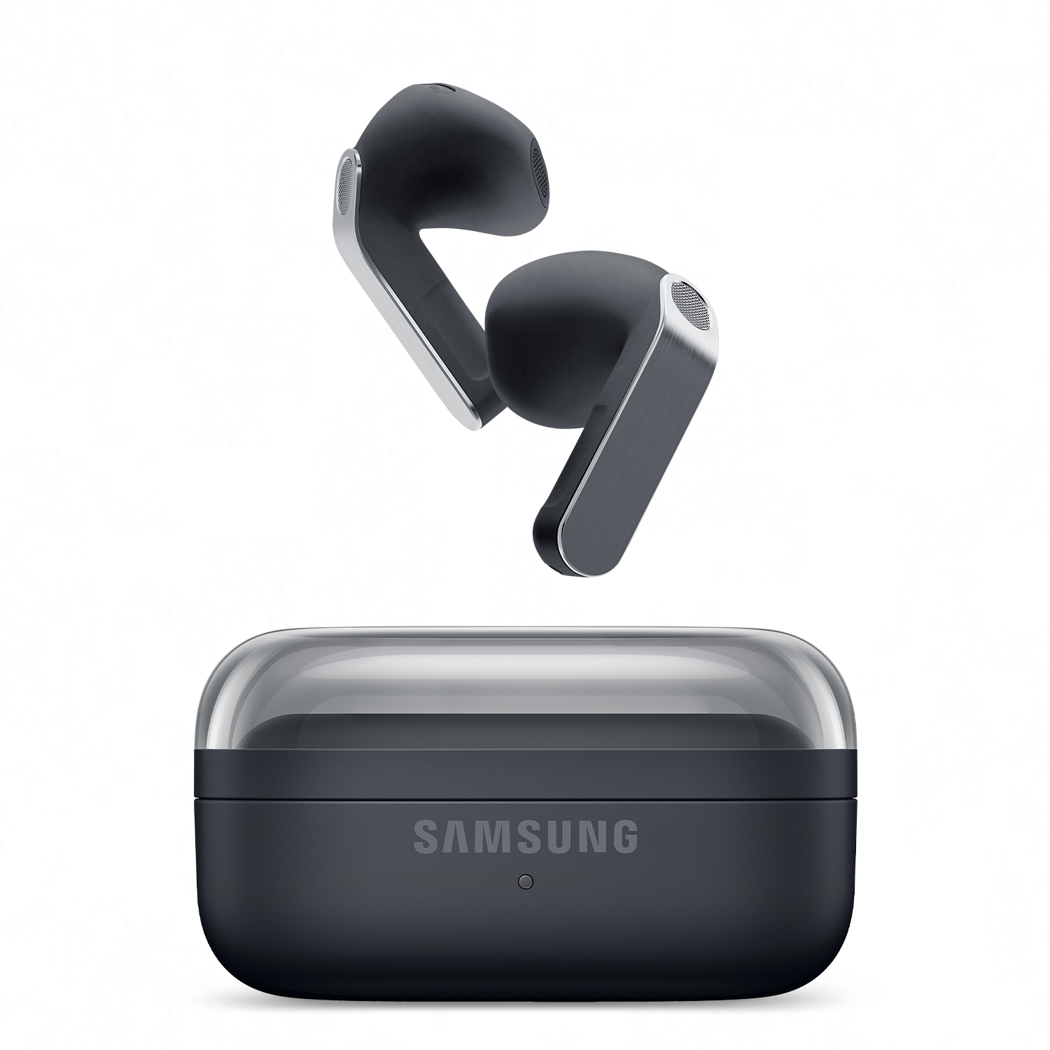 Fekete Samsung Galaxy Buds4 Pro fülhallgatók a töltőtok fölött.