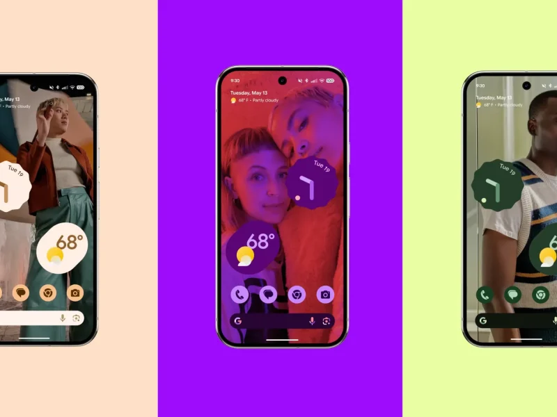 Három Pixel 10 telefon testreszabott kezdőképernyőkkel, színezett ikonokkal és widgetekkel.