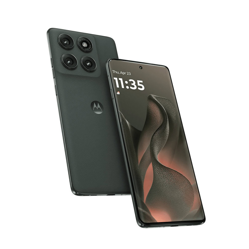 Motorola Edge 2025 zöld színű gyártói termékrenderen, elölről és hátulról látható készülékkel.