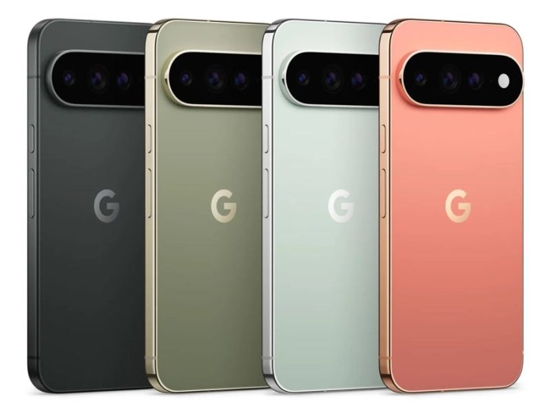 Négy Google Pixel 11 Pro-szériás telefon hátlapja különböző színekben, széles kamerasávval.