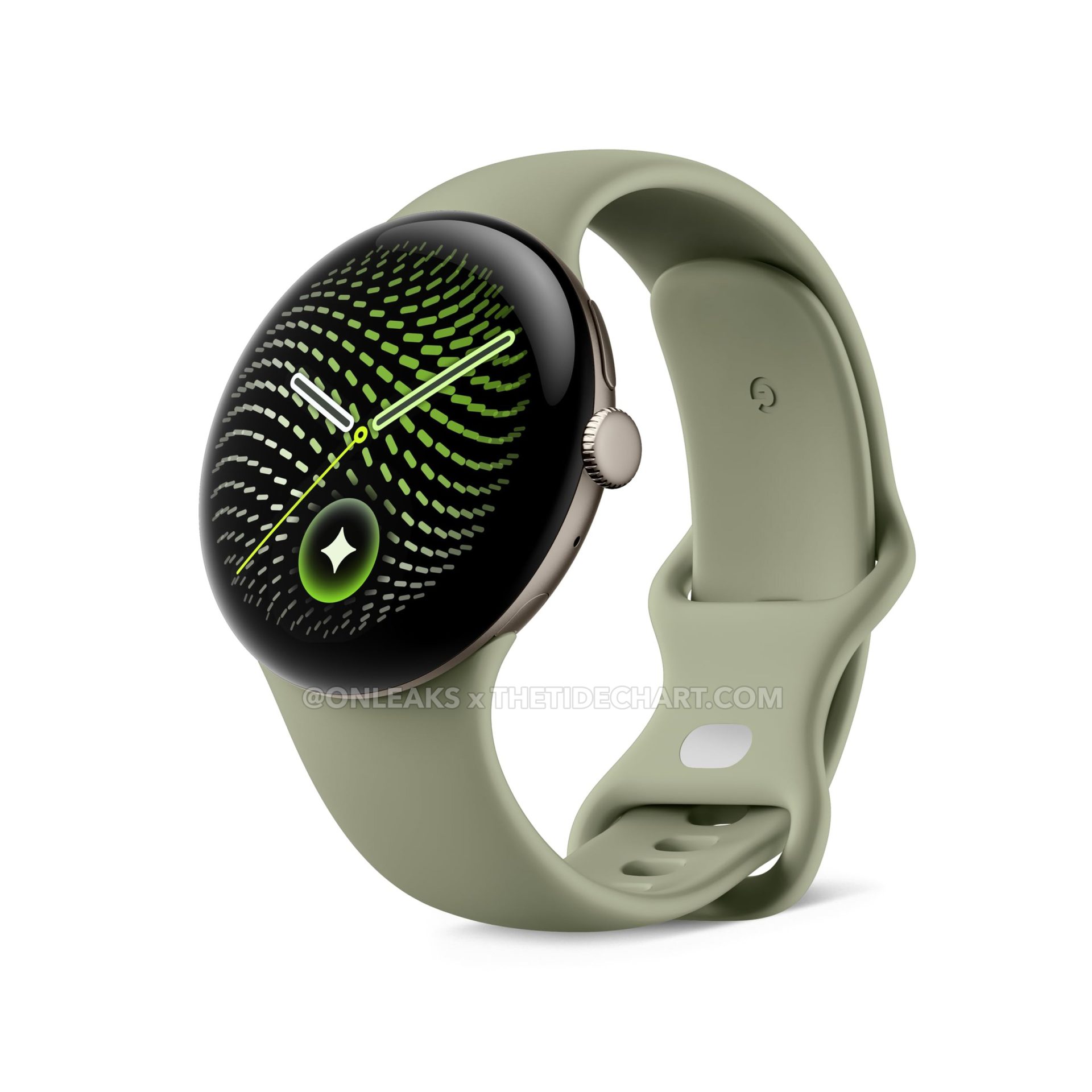 Kiszivárgott Pixel Watch 5 sajtórender Pyrite színben, zöldes szíjjal és Gemini-jellegű óraszámlappal.