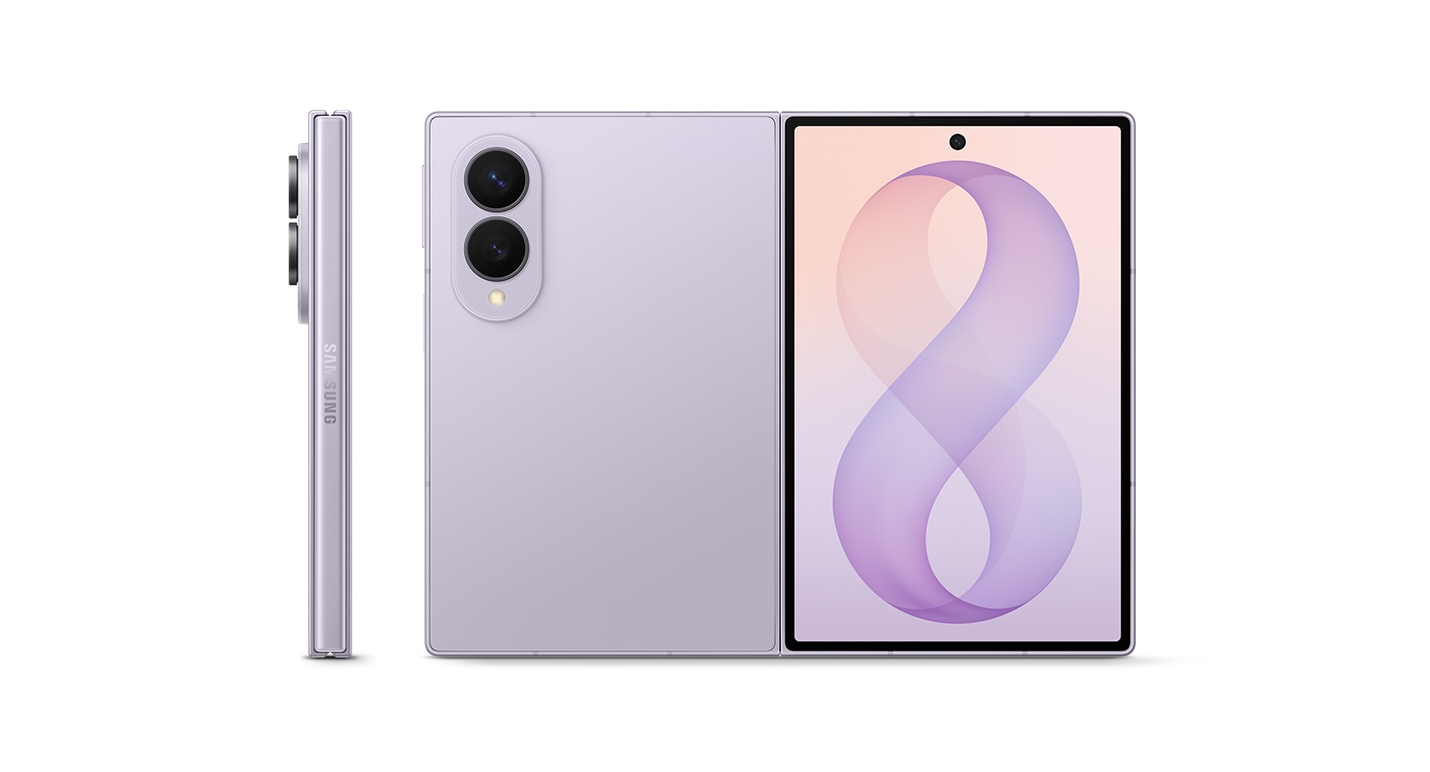 Samsung Galaxy Z Fold8 oldalnézetben, hátlappal és nyitott belső kijelzővel.
