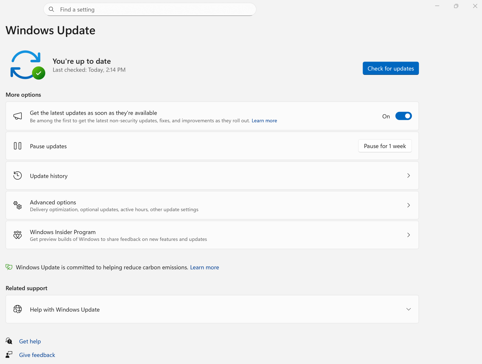 Hivatalos Windows Update beállítási képernyő a frissítések keresése gombbal.