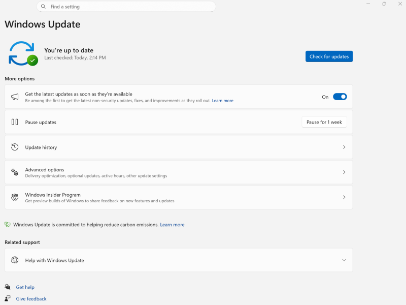 Hivatalos Windows Update beállítási képernyő a frissítések keresése gombbal.
