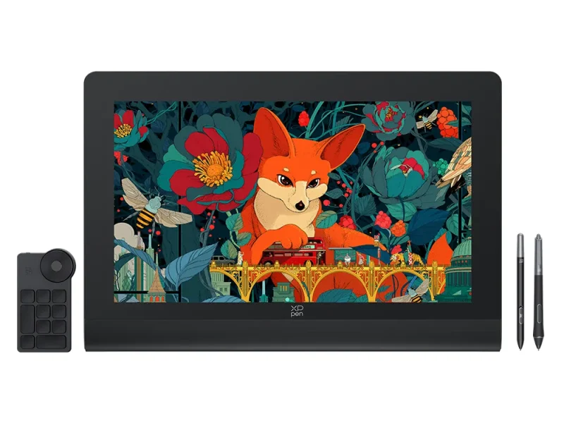 XPPen Artist Ultra 14 rajzkijelző ACK05 Shortcut Remote távirányítóval és két X3-Pro tollal.