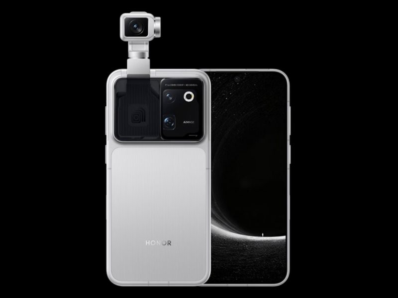 Ezüst Honor Robot Phone elölről és hátulról, a hátlapon kinyitott gimbalos kamerával.