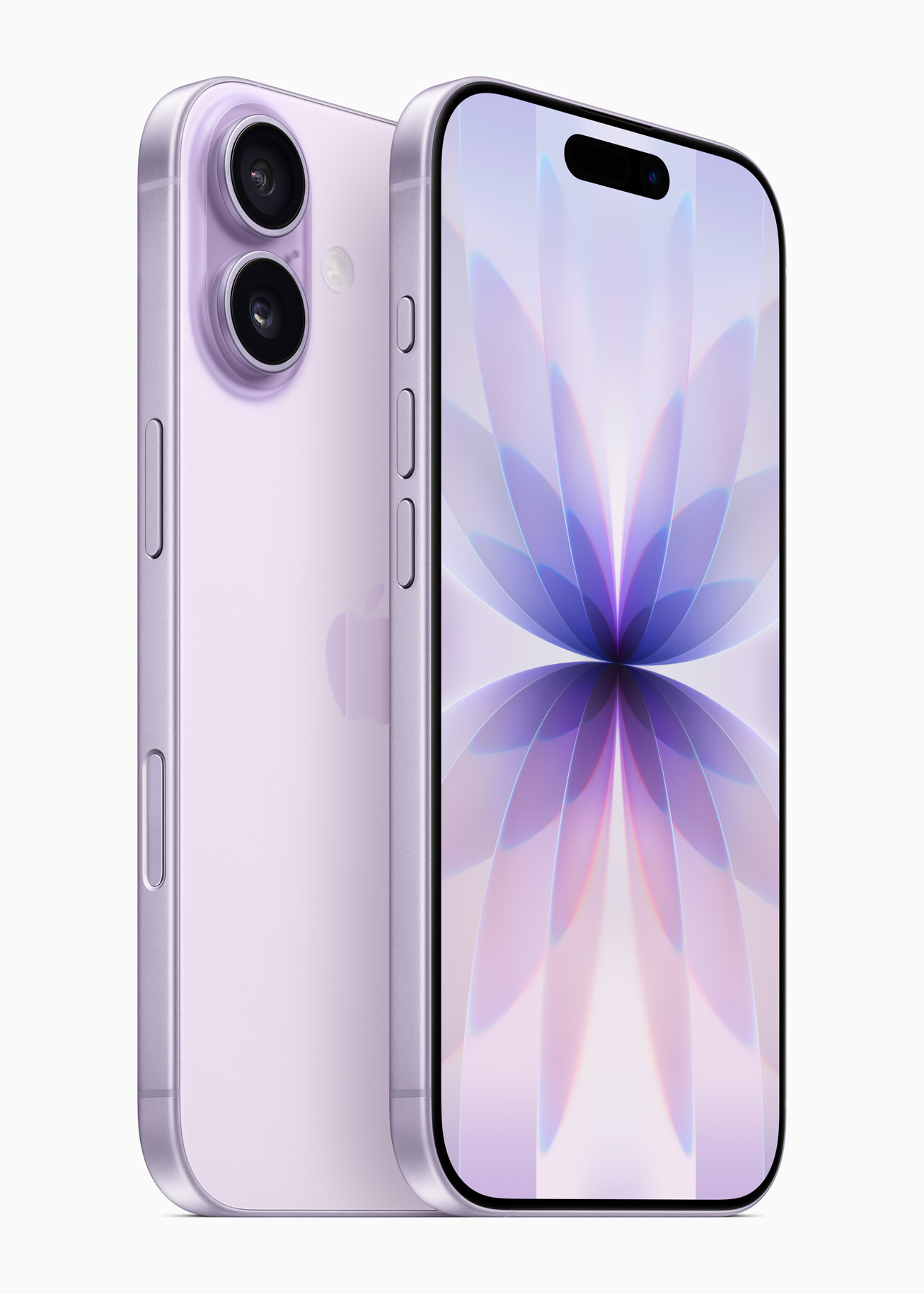 Levendula színű iPhone 17 elölről és hátulról, jól látható két hátlapi kamerával.