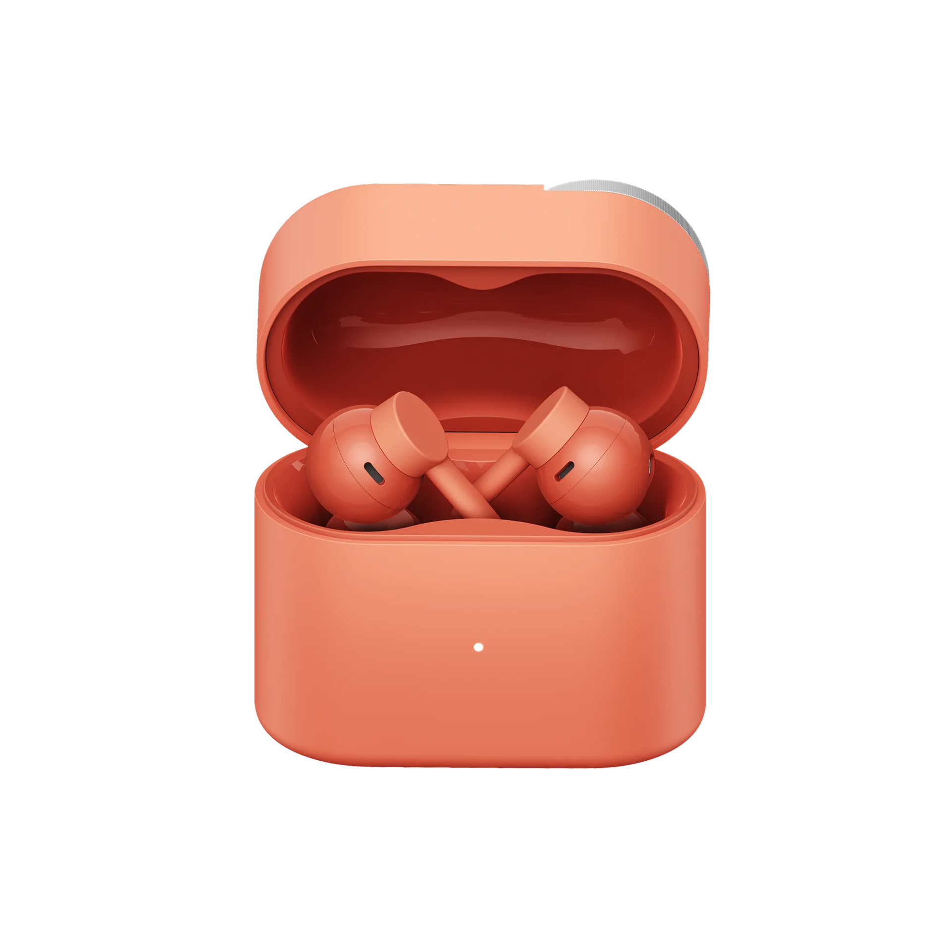 Coral színű CMF Clip Pro fülhallgató nyitott töltőtokban, a tok oldalán Smart Dial tárcsával.