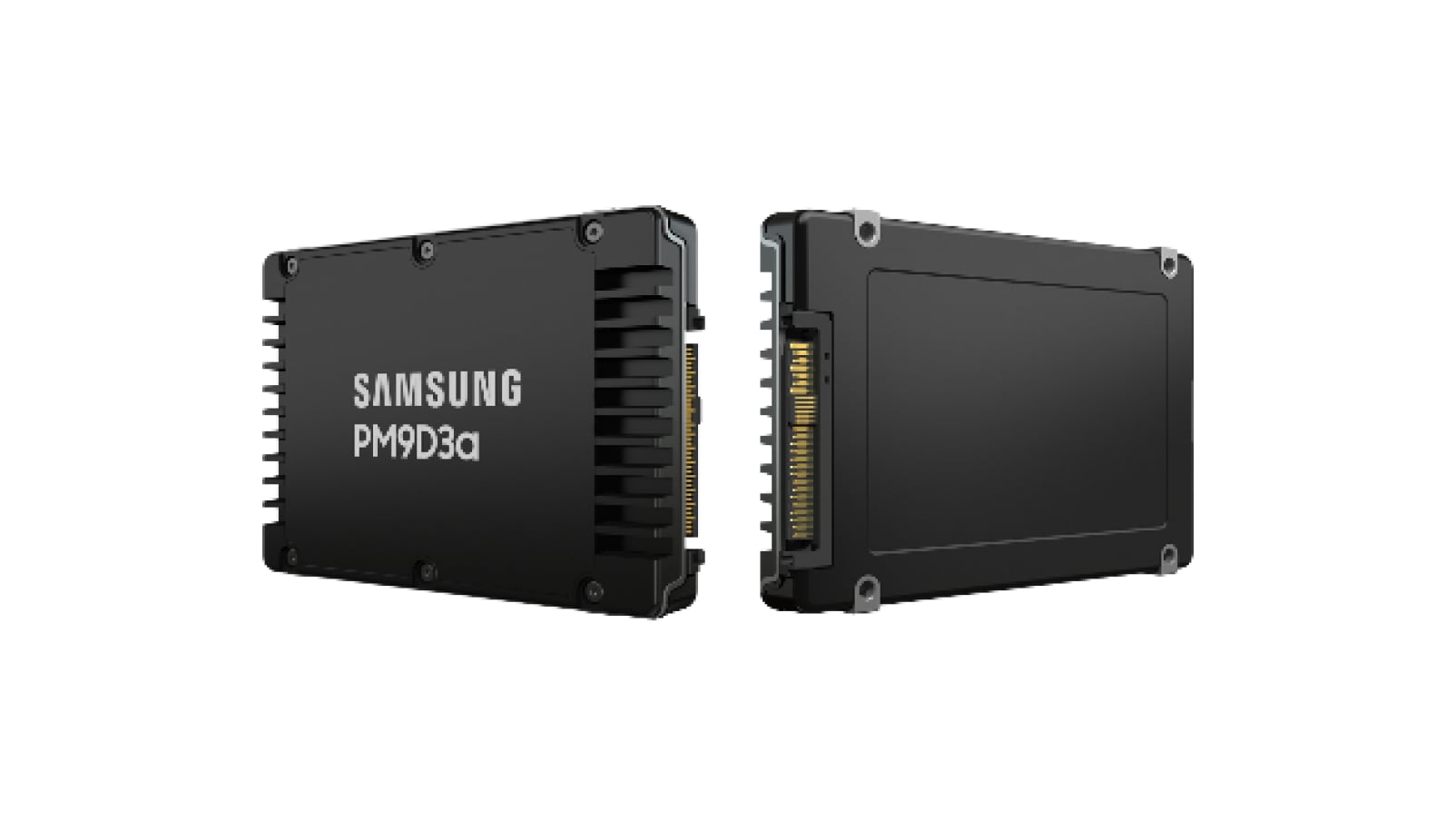Samsung PM9D3a server SSD két nézetben fehér háttéren.
