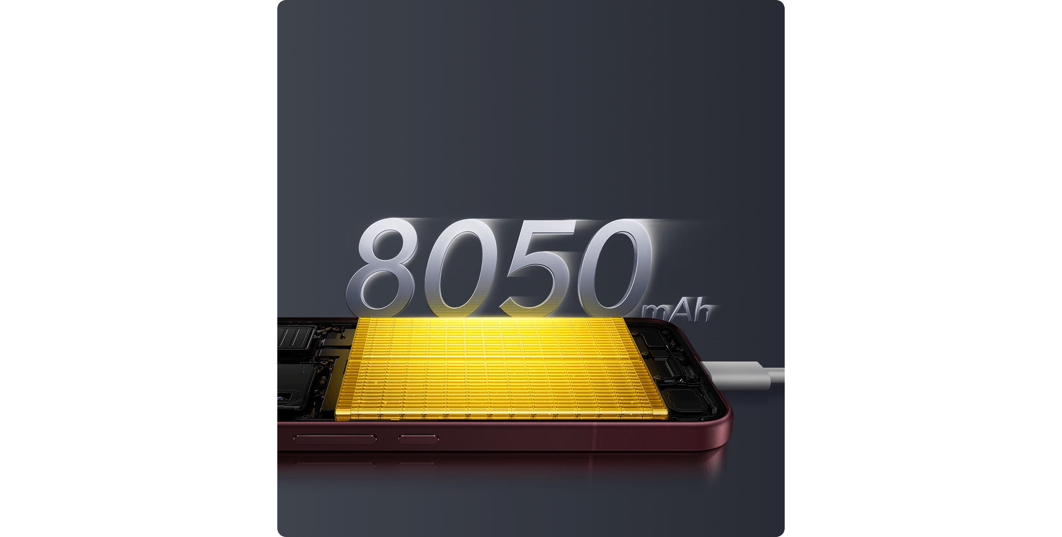 A Poco F9 Ultra sematikusan megjelenített belső akkumulátora, fölötte a 8050 mAh felirattal.