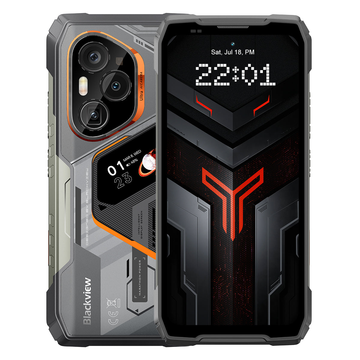A Blackview Xplore 6 elölnézeti és hátulnézeti gyártói renderje, a hátsó kijelzővel és a három kamerával.