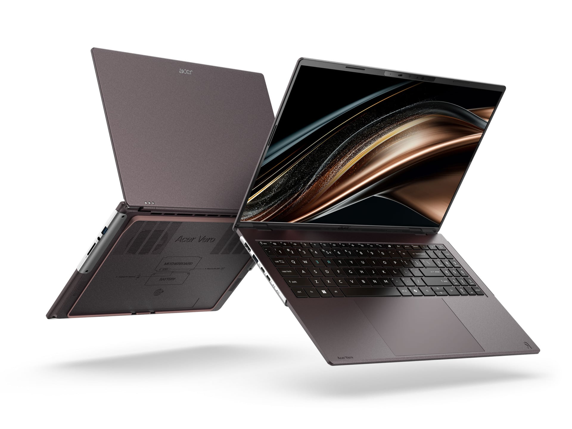 Két Acer Vero 16 gyártói render fehér háttéren, az egyik nyitott kijelzővel, a másik az alsó fedéllel előrefelé.