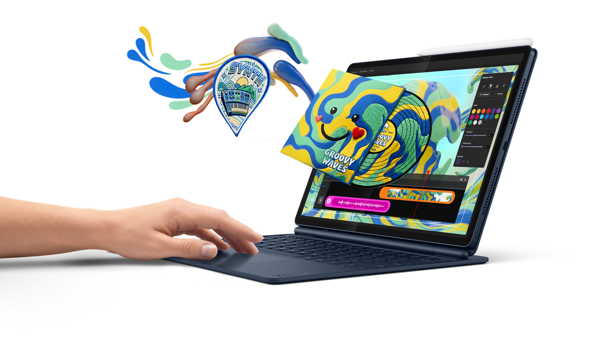 Lenovo Yoga Tab Plus Gen 2 billentyűzetes tokban, tollal és kreatív felülettel a kijelzőn.