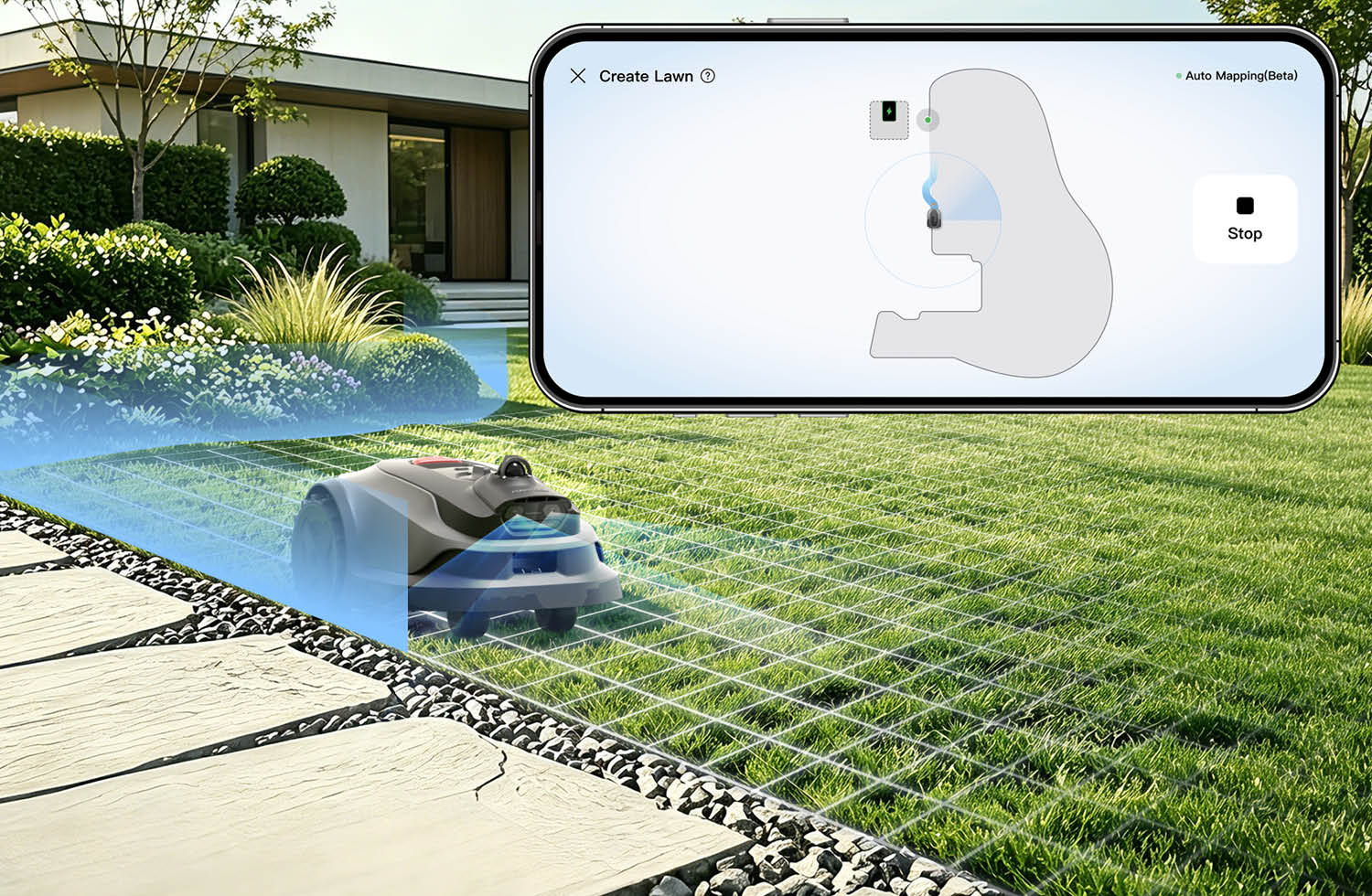 RockNeo Q2 LiDAR a gyepen, mellette a robot által készített gyeptérkép alkalmazásos nézete.