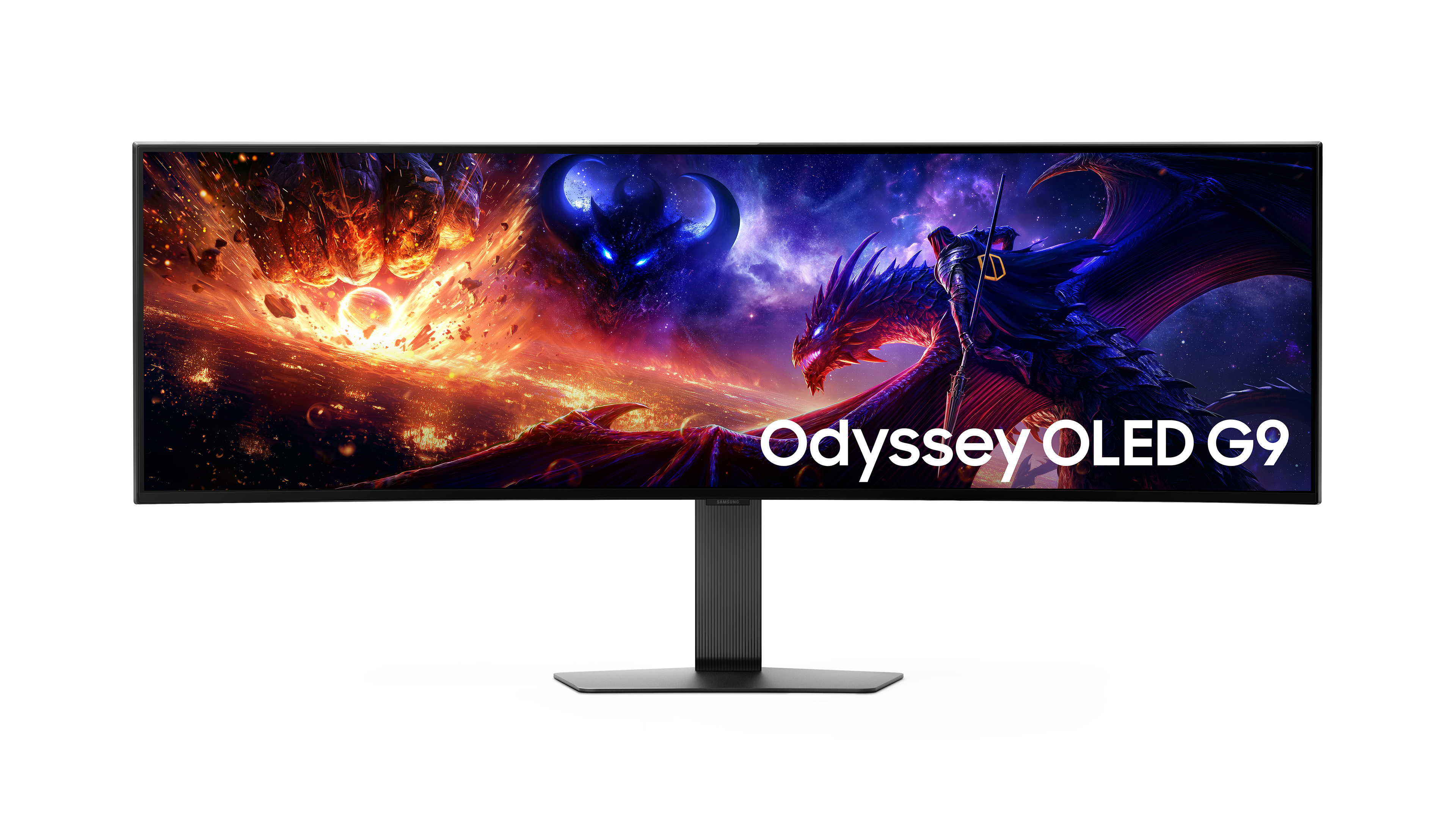 A 49 colos, ultraszéles Samsung Odyssey OLED G9 hivatalos elölnézeti termékképe.
