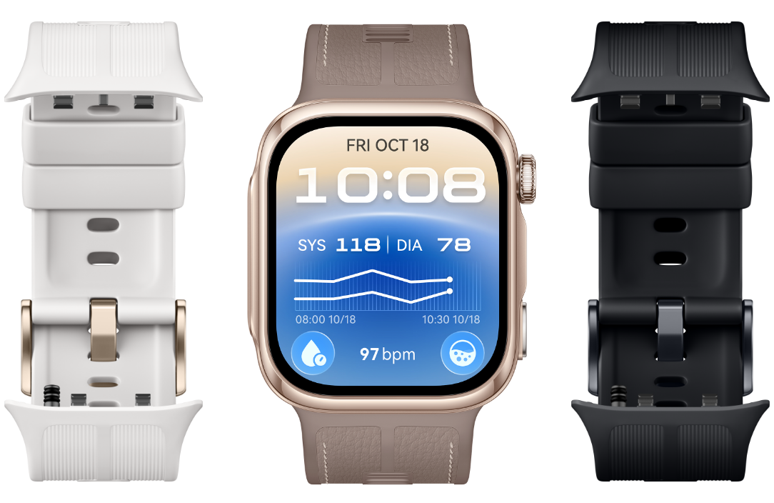 A Huawei Watch D3 mokka-arany órája, mellette világos és fekete szíjkivitel.