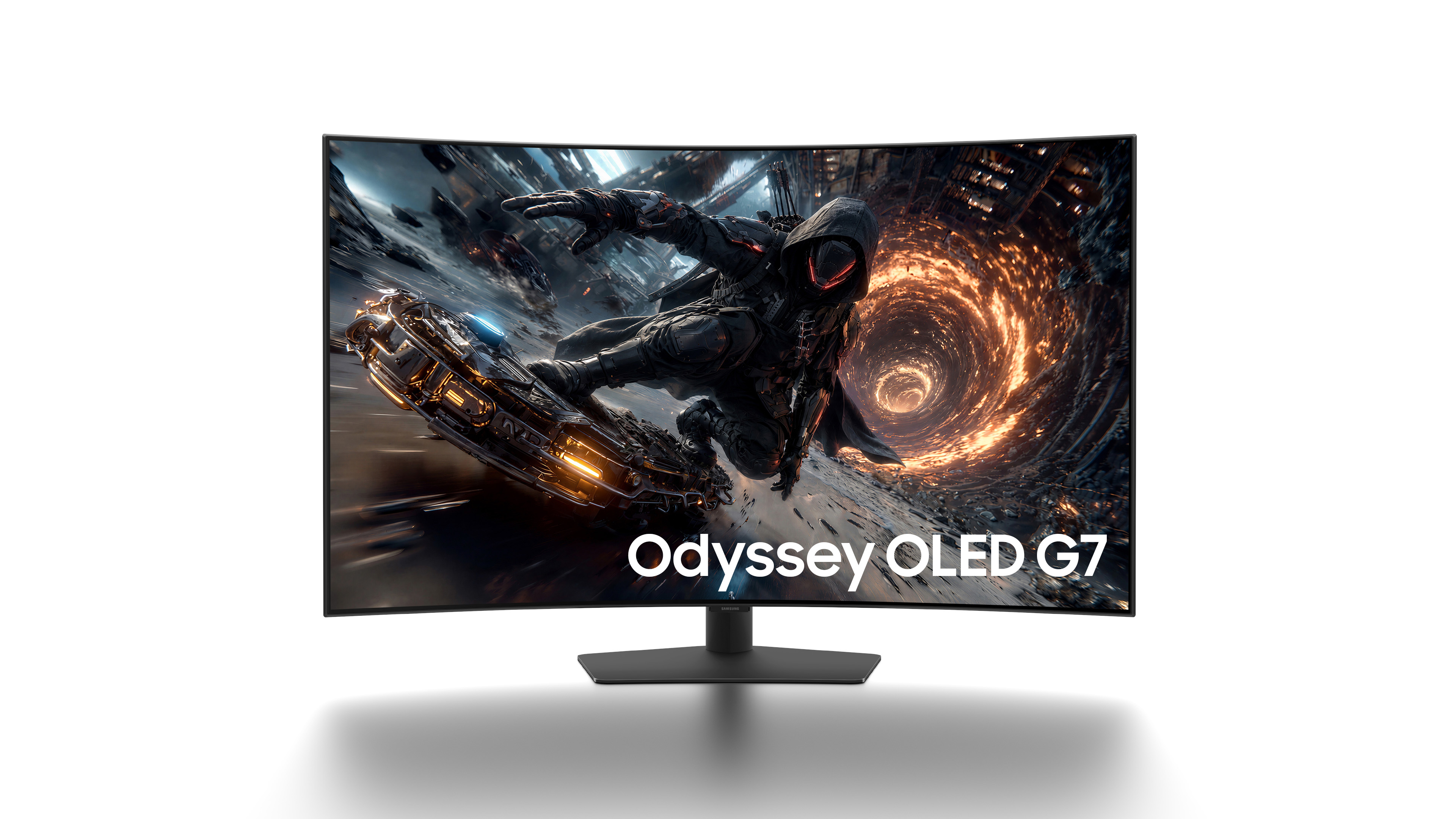 Az ívelt, 42 colos Samsung Odyssey OLED G7 monitor oldalirányú hivatalos termékképe.