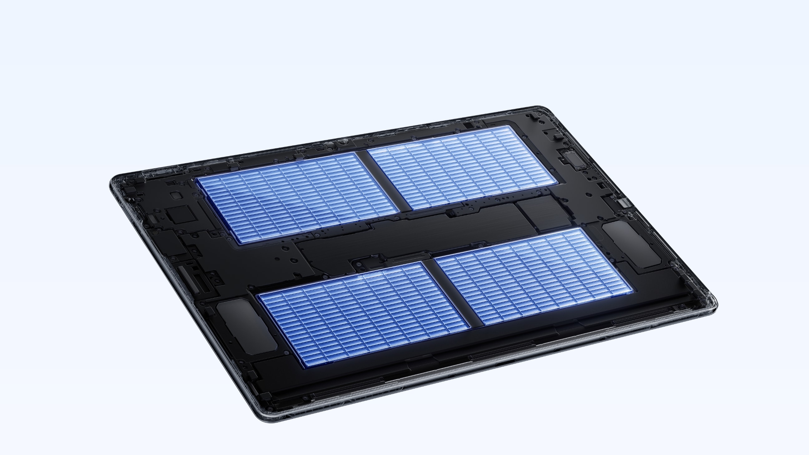 A Huawei MatePad Pro 12 belsejét és négy részre osztott akkumulátorelrendezését mutató sematikus kép.