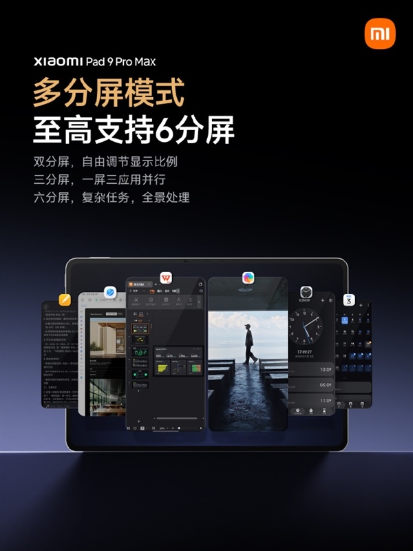 Gyártói illusztráció a Xiaomi Pad 9 Pro Max kijelzőjén elrendezett hat alkalmazásablakról.