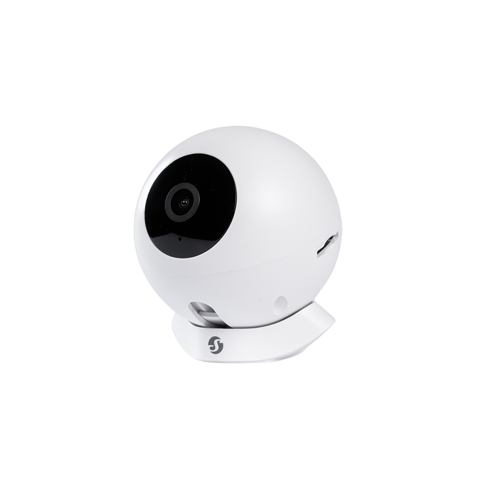 Fehér Shelly Camera beltéri biztonsági kamera fekete előlappal és oldalsó microSD-nyílással.