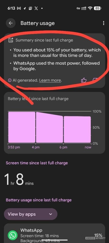A Pixel Battery Usage képernyője, tetején a 15 százalékos merülést és a WhatsApp, illetve a Google fogyasztását összegző kártyával.