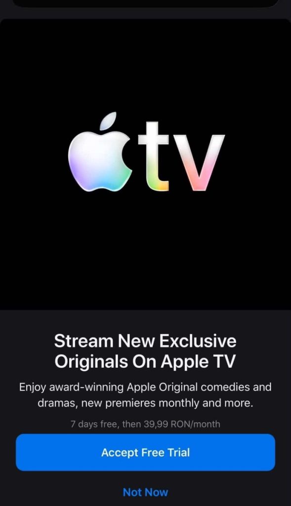 Álló képernyőkép az Apple TV 7 napos ingyenes próbájáról és havi 39,99 RON-os romániai ajánlatáról.